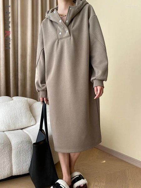 Robes décontractées Lanmrem hiver épais mi-longueur robe femmes double boutonnage à capuche manches longues chaud 2023 vêtements 23852