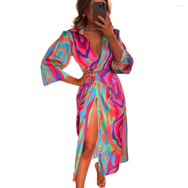 Robes décontractées manches lanterne robe de dame taille ceinturée femmes imprimé coloré Midi avec décolleté en V serré haut fendu pour l'automne