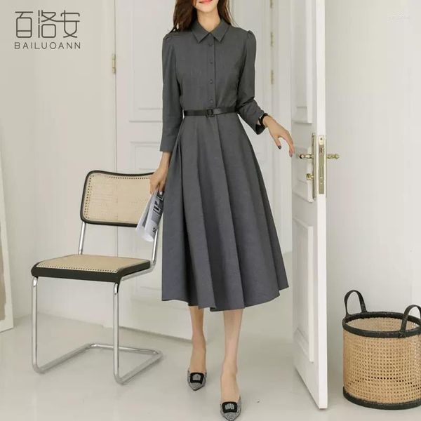 Vestidos casuales Falda larga de solapa A-line 2023 Spring Professional Commuter Big Swing Dress