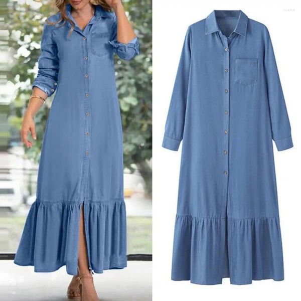 Vestidos informales Vestido de manga larga Elegante Denim para mujeres con volantes Patchwork Single-Breaded Cardigan para viaje de viaje