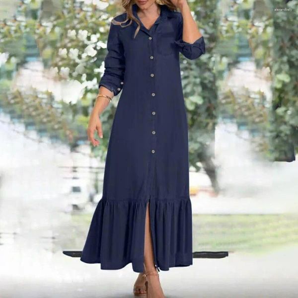 Vestidos casuales solapa vestido de manga larga mujeres maxi elegante denim con volantes patchwork dobladillo fluido mujeres para viajes