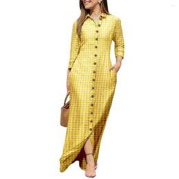 Robes décontractées revers manches longues robe chemise femmes poches longueur au sol Maxi automne simple boutonnage imprimé à carreaux