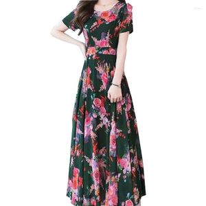 Casual jurken grote siz jurk vrouwen 2024 zomer mode v nek korte mouw botanische print maxi hoge taille boho strand