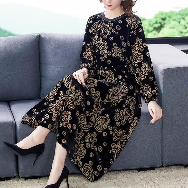 Robes décontractées grande taille soie or velours Robe automne et hiver 2023 Vintage coréen femmes vêtements lâche Jacquard à manches longues Robe M259