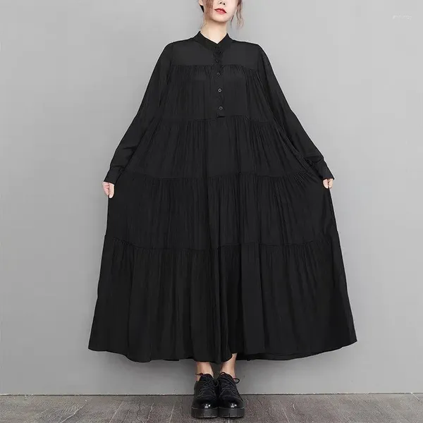 Vestidos casuales Ropa de mujer de gran tamaño 2024 Otoño Estilo vintage Vestido largo negro con dobladillo suelto doblado Camisa de dobladillo Z2768