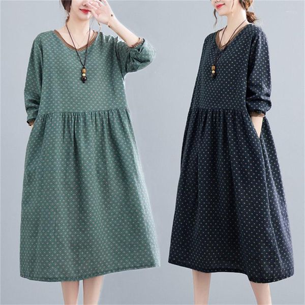 Vestidos casuales Ropa de mujer de talla grande 2023 Otoño Invierno Cuello en V Vestido de manga larga Floral Algodón Lino Suelto Lunares T551