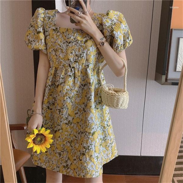 Robes décontractées Last One Japanse Mori Girl Femmes Robe à fleurs à manches courtes Col carré Mini Vestido Party Summer Low Chest Big Swing