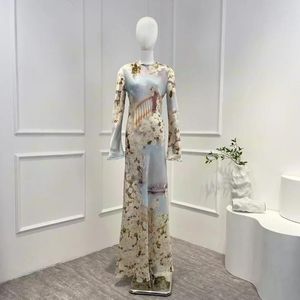 Robes décontractées Dernière collection 2024 Printemps Été Soie Magnifique Floral Manches longues O-Cou Maxi Hem pour les femmes