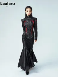 Casual jurken Lautaro lente herfst koel rood en zwart patchwork kunstleer maxi-jurk dames met afneembare zoom luxe designerkleding