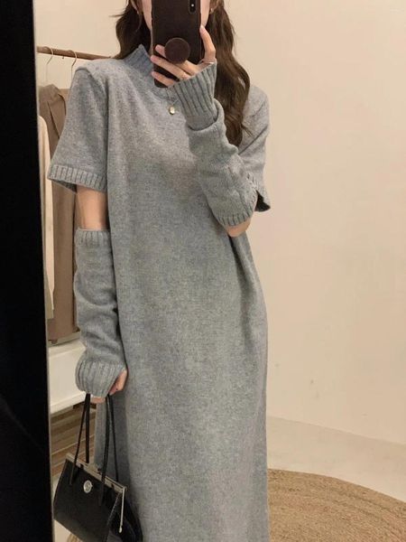 Vestidos casuales Estilo perezoso Lana de cuello alto para mujeres Otoño Invierno Versión coreana con mangas Pit Stripes Longitud de la rodilla Vestidos