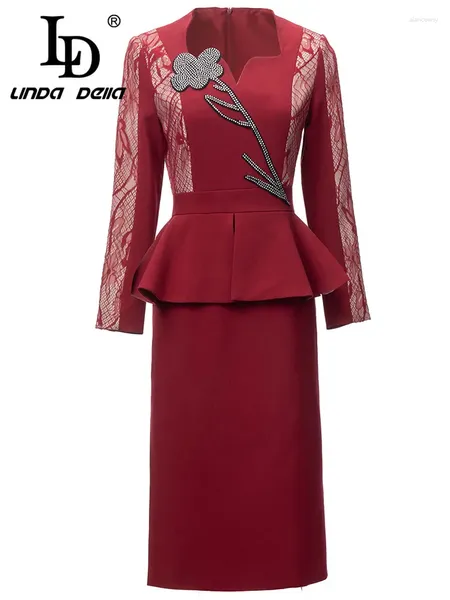 Robes décontractées LD Linda Della 2024 Automne Hiver Luxe Designer Robe Femme Rouge En Relief Creux Travail Manuel Nail Perle Splice Ruffle Party