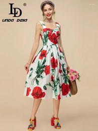 Vestidos casuales LD LINDA DELLA Diseñador de moda Vestido midi de verano Mujeres Sexy Correa de espagueti Estampado de flores Fiesta de vacaciones Elegante Algodón