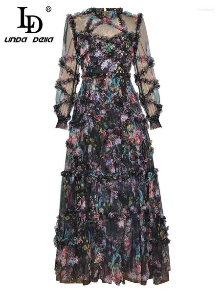 Robes décontractées LD Linda Della Designer de mode Robe d'été Femme Lanterne Manches Floral Imprimer Noir Mesh Long Vintage Party