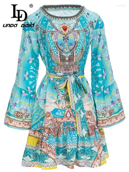 Vestidos casuales LD Linda Della Diseñador de moda Otoño Vestido corto Mujer Manga de llamarada Cristal Bead Blue Flower Print Belted Vintage Mini