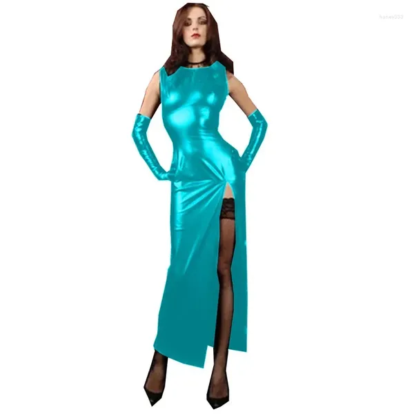 Vestidos casuales Cuero PU Elegante Lady Fit Sin mangas Vestido sólido Femenino Sin espalda Slim Muslo Alto Hendidura Larga Fiesta Sexy Verano 7XL