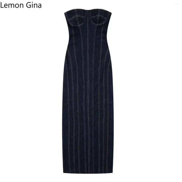 Vestidos informales Lemon Gina 2024 Mujeres de primavera Mujeres sin tirantes Blue Denim Jean Bodycon Midi Maxi Long Street Retro Party Club Sexy Club Vestido