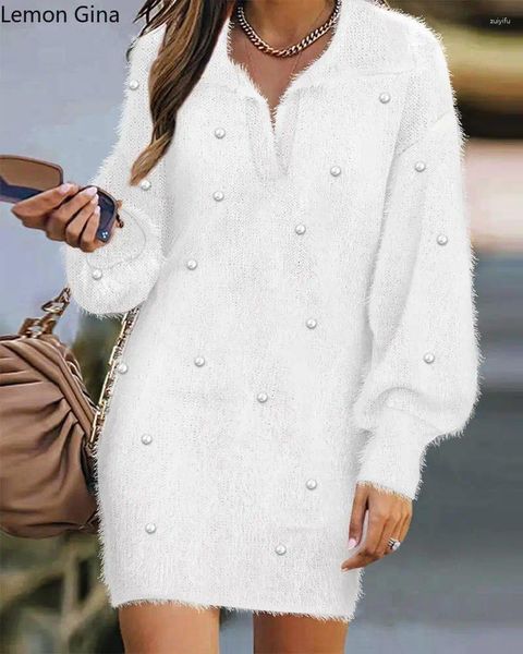 Vestidos informales de limón Gina Women Fashion Knit Cankbed Canabola larga Velgla V-Sweater Style Beading Pearl Beading