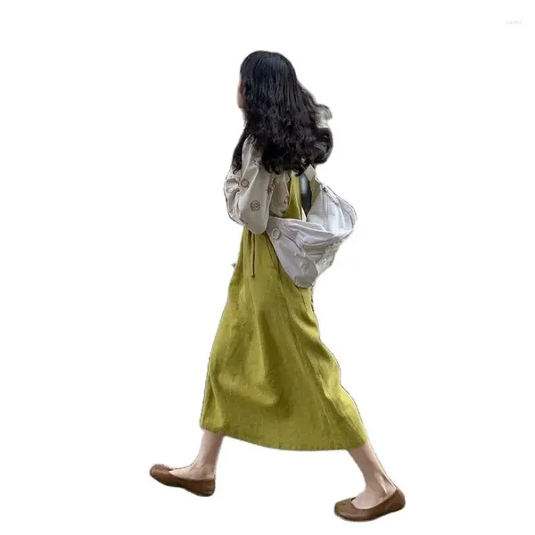 Robes décontractées Robe à bretelles amples en coton et lin pour femmes jaune citron confortable