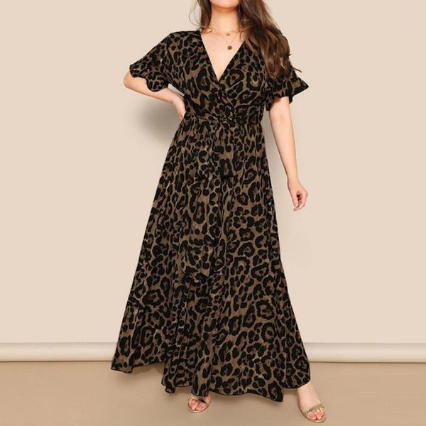 Vestidos casuales Leopardo Cintura alta para mujeres Invitado de boda Maxi vestido con cinturón Flutter Manga corta Corte bajo Volante Swing Largo