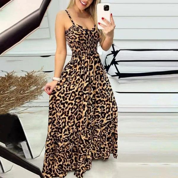 Vestidos informales Vestido sin espalda con estampado de leopardo Maxi con tiras y diseño de cuello en V de corte bajo Ropa de playa para vacaciones para mujer