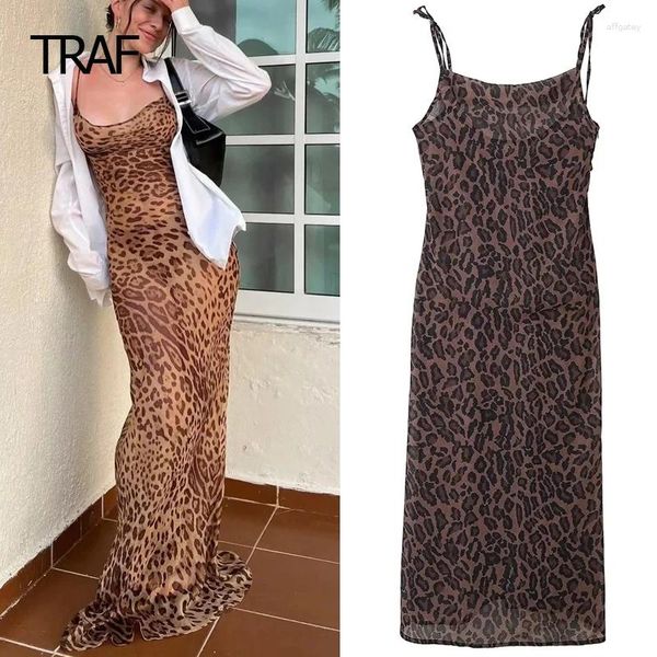 Vestidos informales Vestido de estampado Leopardo Spring Singer 2024 Maneveless Backless Long Long Sexy Women's Elegant Holiday Holiday