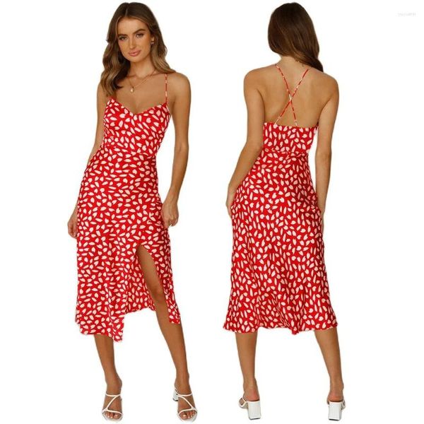 Robes décontractées imprimé léopard robe de vacances femmes sexy dos nu spaghetti sangle sans manches fendu été col en v plage femme robe
