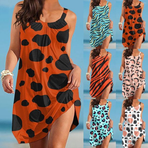 Robes décontractées imprimé léopard lâche plage robe de soleil robe de soleil pour femmes sexy sans manches mini printemps été vacances fête nuit