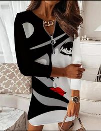 Casual Kleider Leopard Print Mini Kleid Frauen Herbst Mode V-ausschnitt Langarm Für Winter Büro Zipper Schlank Robe Femme