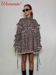 Robes décontractées Robe à volants imprimé léopard femmes lâche décontracté à lacets manches évasées mini robes printemps été mode élégante dame robe 230515
