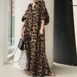 Robes décontractées Leopard Robe maxi imprimée Femme surdimensionnée Line Long Femelle Sum-Neck Pouffle Pouffle Goule de vacances Robe