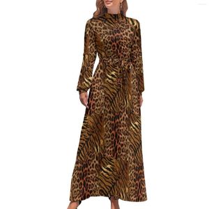 Robes décontractées robe imprimée peau de léopard à la mode tacheté rayé Kawaii personnalisé Maxi col haut à manches longues esthétique Boho plage