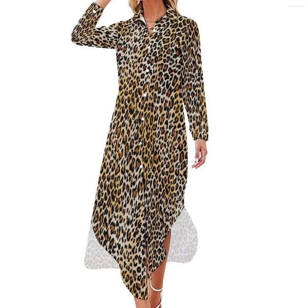 Robes décontractées Léopard sauvage motif robe en mousseline de soie joli imprimé animal femme à manches longues streetwear col en V grande taille
