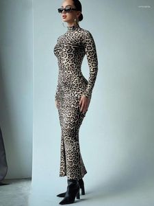 Casual Jurken Luipaard Damesmode Sexy Streetwear Gedrukt Coltrui met volledige mouw Hip Wrap Bodycon Elegante lange vestidos Gewaden