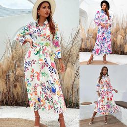 Vestidos casuales Leosoxs 2023 verano mujeres vintage tótem vestido de estampado floral con arco femenino fajas midi camisa elegante vestido delgado