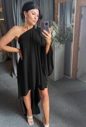 Casual Kleider LFRVZ 2023 Top Qualität Junge Sexy Club Solide Chiffon Volle Hülse One Off Schulter Frauen Lange Lose Asymmetrische kleid