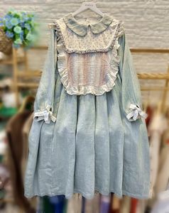 Casual jurken Lichtgrijs blauw/zwaar materiaal natuurlijke waswas ruw en zacht linnen/literaire mori-jurk met lange mouwen herfst losse ruches met lange mouwen