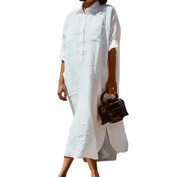 Robes décontractées Poignements les plus confortables Poitres latéraux lâches pour les femmes à manches longues Bouton Down Shirt Robe Blanc Spring Automne