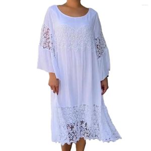 Robes décontractées Robe en dentelle légère Élégante cousue Midi Femme Coupe ample Soirée avec manches 3/4 O-cou Couleur unie