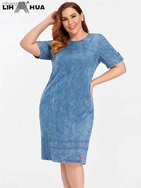 Robes décontractées LIH HUA femmes grande taille robe en jean été Chic robes élégantes pour les femmes potelées col rond tissé coton robe L230520