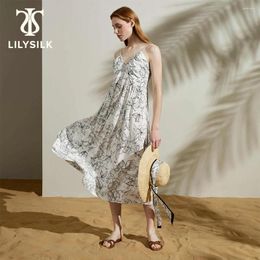 Robes décontractées Robe de soie Lilysilk pour femmes 2024 Summer Luxury Floral Croquis V-Neck Fashion Holiday