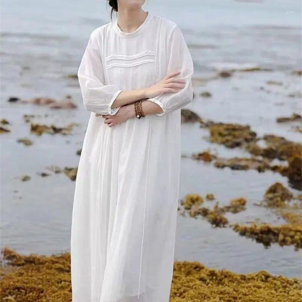 Robes décontractées limiguyue respirant ramie lâche blanche robe longue femme double couche lacet lacet up plissé plissé doux vestidos littéraire e566