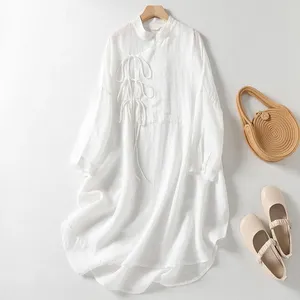 Casual jurken limiguyue Chinese stijl witte losse zomerjurk vrouwen katoen linnen lang shirt dunne mouw split Vestidos e409