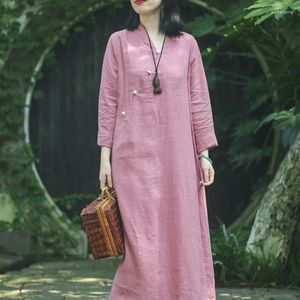 Robes décontractées limiguyue élégants femmes solides longs d'été chinois boucle inclinée robe robe en coton respirant vestidos soft e666
