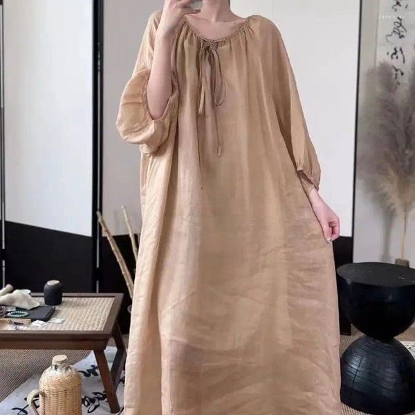 Robes décontractées liguyue lâche en coton mince en lin robe d'été Femme O-cou lanterne Lanterne droite Midi Soft Ramie Vestidos E527