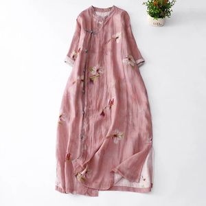 Robes décontractées limiguyue ramie soft imprimer robe florale femme chinoise été femelle boucle single poitrine coton lin vestidos rose e553