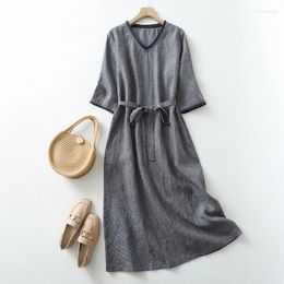Casual jurken limiguyue korte mouw v nek kleine geruite zomerjurk vrouwen katoen linnen vintage grijze a-line vestidos riem e429