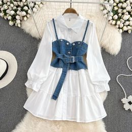 Casual jurken Korte kleding Spring herfst Women Fashion Neck Denim Dame Single Breasted lange mouw Dresscasual Dressescasual met lange mouwen