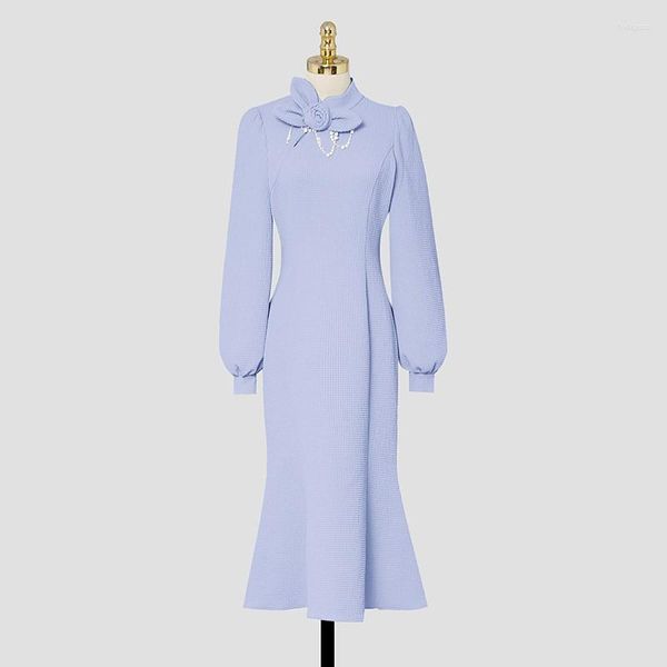 Robes décontractées Linda Della 2023 Designer de mode Femmes Modèles d'été Light Purple Col montant Creux Bow Bubble Sleeve Slim