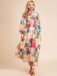 Casual jurken Linda Della Designer 2023 Zomer Fashion vakantie Jurk Dames Lantern Sleeve Boheemse veelkleurige bloemenprint Lange Dres