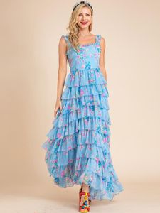 Robes décontractées LINDA DELLA Summer Boho Beach Maxi Dress Femmes Spaghetti Strap Cascading Ruffle Floral Print Long Blue Vacation DressCa